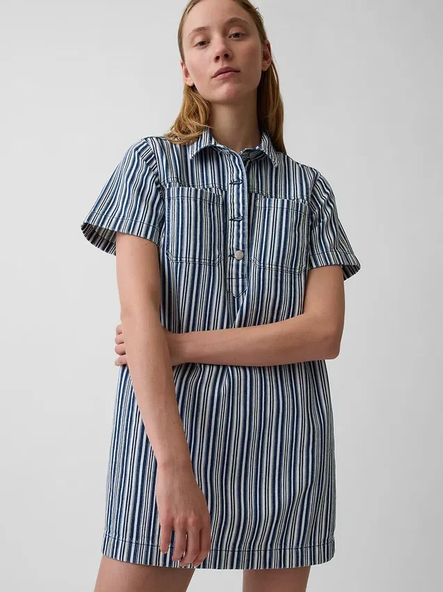 Mini-popoverjurk met denimstrepen
