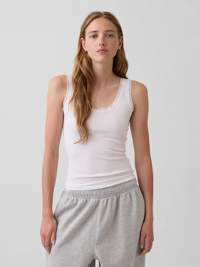 Mini-pyjama-tanktop met ribboord en kanten rand