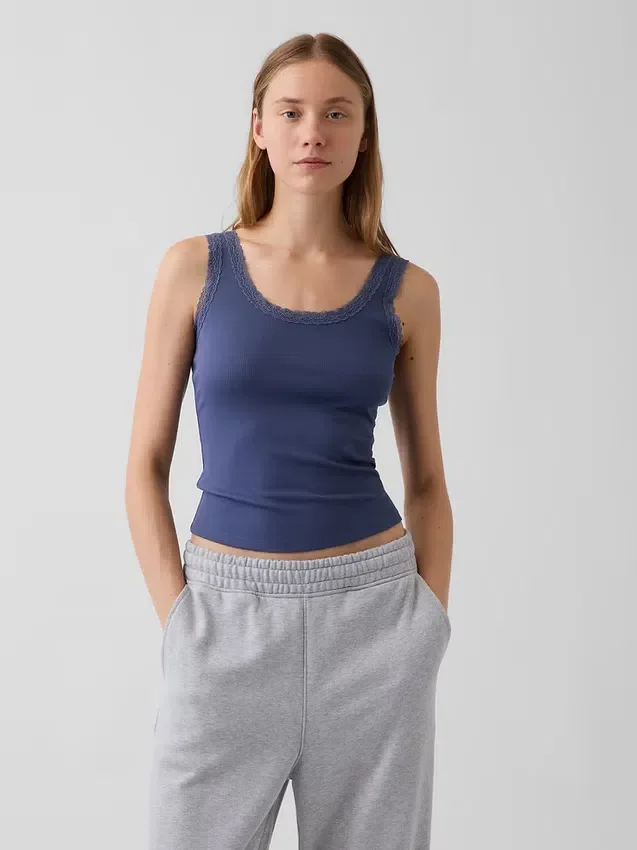 Mini-pyjama-tanktop met ribboord en kanten rand