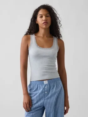 Mini-pyjama-tanktop met ribboord en kanten rand