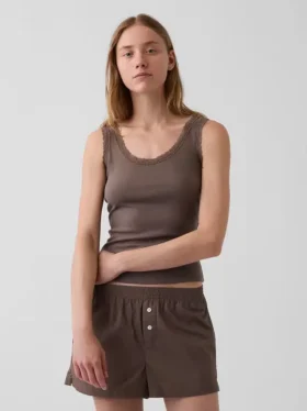 Mini-pyjama-tanktop met ribboord en kanten rand