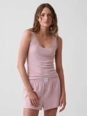 Mini-pyjama-tanktop met ribboord en kanten rand