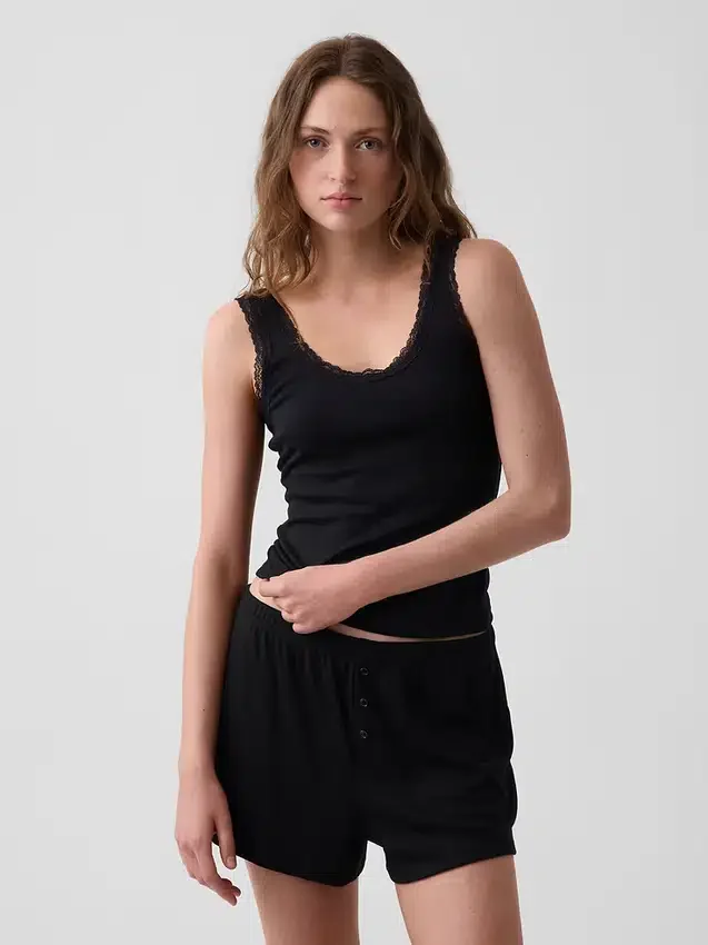 Mini-pyjama-tanktop met ribboord en kanten rand