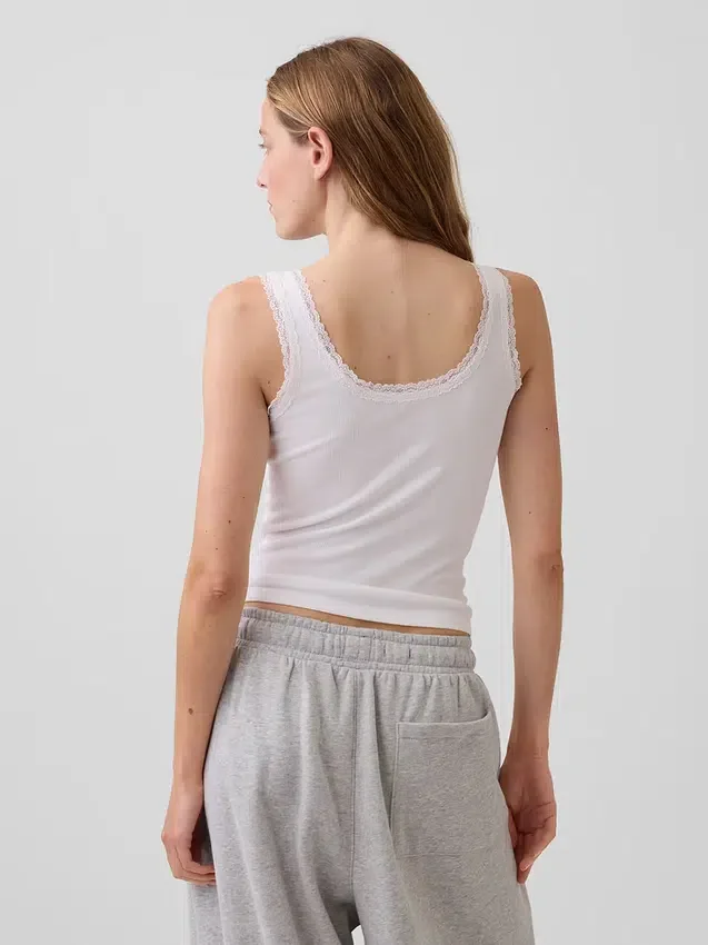 Mini-pyjama-tanktop met ribboord en kanten rand