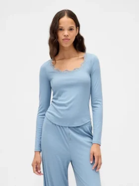 Mini-pyjamatop met ribbel en kanten rand