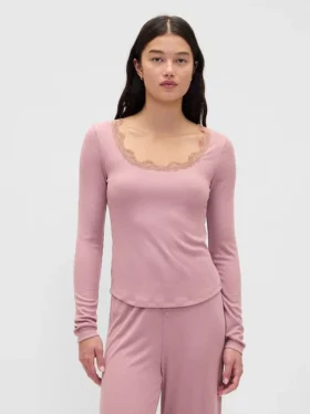 Mini-pyjamatop met ribbel en kanten rand