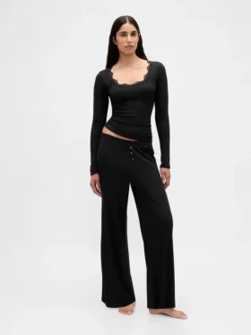 Mini-pyjamatop met ribbel en kanten rand