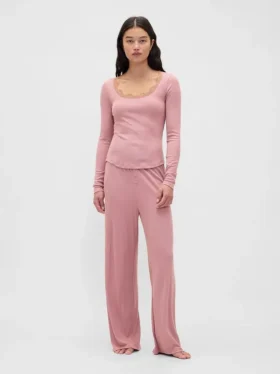 Mini-pyjamatop met ribbel en kanten rand