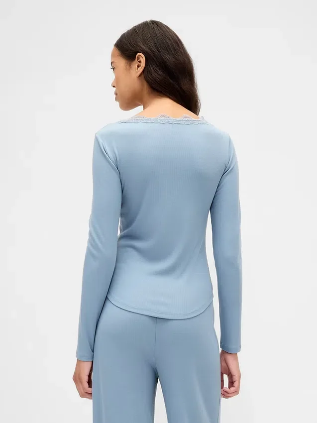 Mini-pyjamatop met ribbel en kanten rand