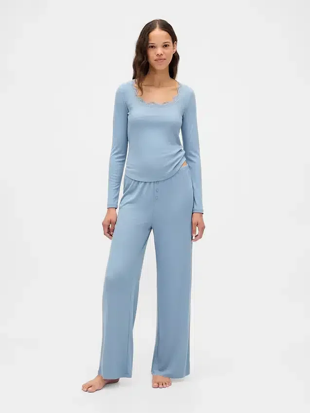 Mini-pyjamatop met ribbel en kanten rand