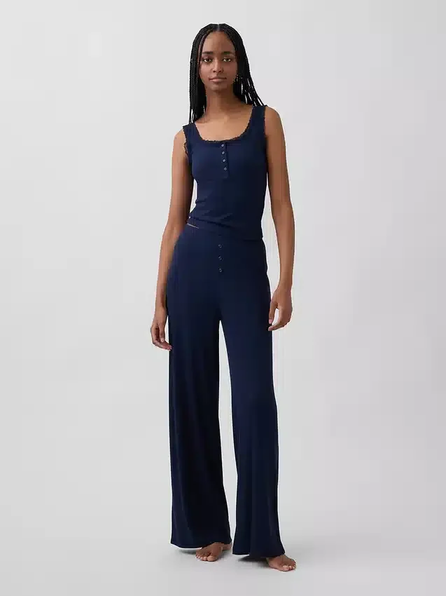Mini-rib pyjama-broek met wijde pijpen