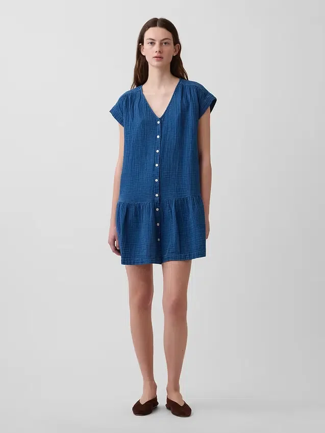 Mini-shirtjurk van katoenen gaasdenim met lage taille