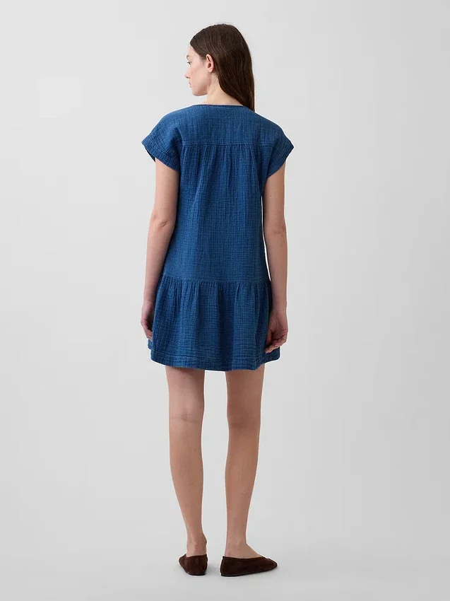 Mini-shirtjurk van katoenen gaasdenim met lage taille