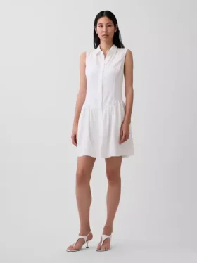 Mini-shirtjurk van linnenmix met verlaagde taille