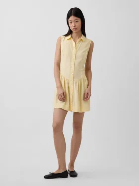 Mini-shirtjurk van linnenmix met verlaagde taille