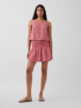 Mini-skort van katoenen gaas met gesmokte taille