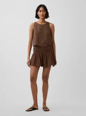 Mini-skort van katoenen gaas met gesmokte taille