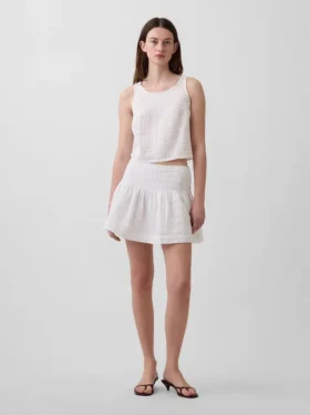 Mini-skort van katoenen gaas met gesmokte taille