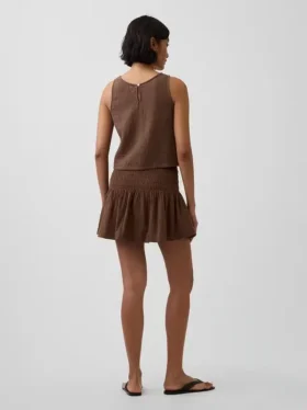 Mini-skort van katoenen gaas met gesmokte taille