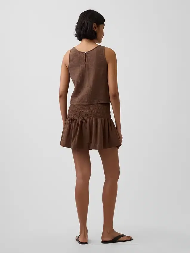 Mini-skort van katoenen gaas met gesmokte taille