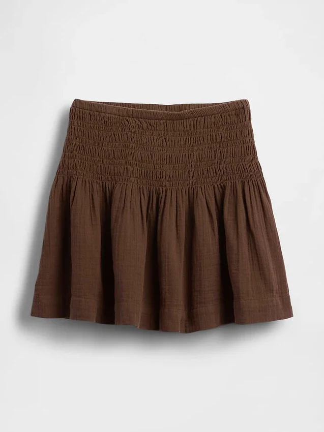 Mini-skort van katoenen gaas met gesmokte taille