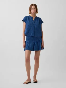 Mini-skort van katoenen gaasdenim met gesmokte taille