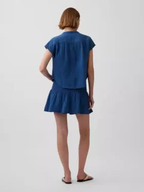 Mini-skort van katoenen gaasdenim met gesmokte taille