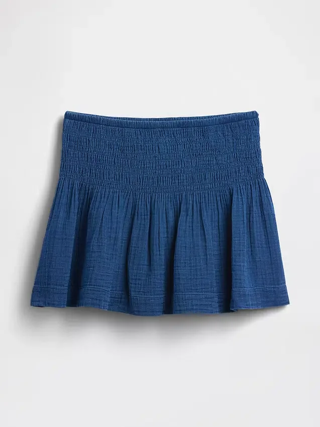 Mini-skort van katoenen gaasdenim met gesmokte taille