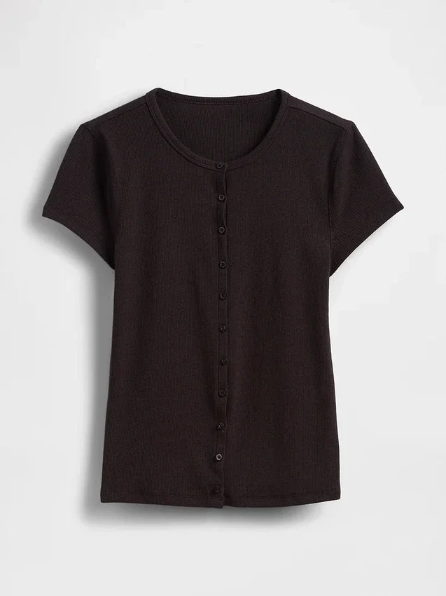 Modern geribbeld T-shirt met knoopsluiting en ronde hals
