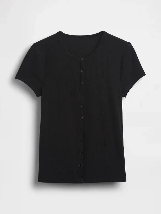 Modern geribbeld T-shirt met knoopsluiting en ronde hals