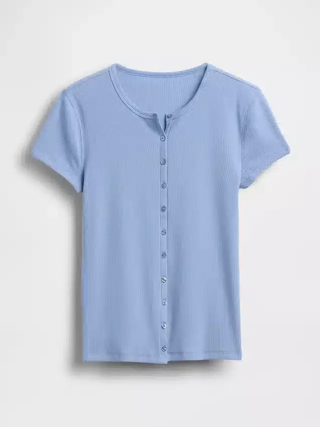 Modern geribbeld T-shirt met knoopsluiting en ronde hals