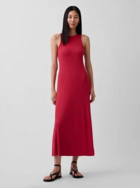 Moderne maxi-jurk met ingebouwde beugel-bh en geribde stof