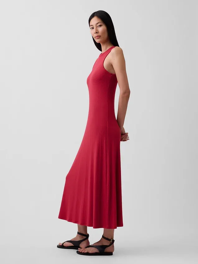 Moderne maxi-jurk met ingebouwde beugel-bh en geribde stof