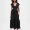 Moderne maxi-jurk met ruches van gemengde materialen
