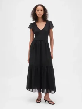 Moderne maxi-jurk met ruches van gemengde materialen