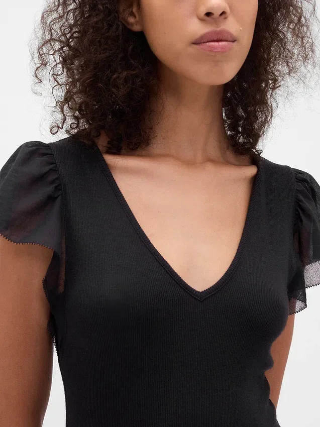 Moderne maxi-jurk met ruches van gemengde materialen