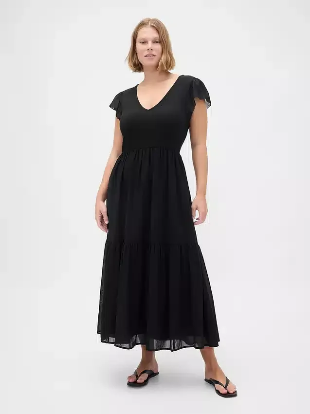 Moderne maxi-jurk met ruches van gemengde materialen