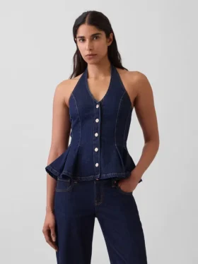 Nauwsluitende denim haltertop met peplum