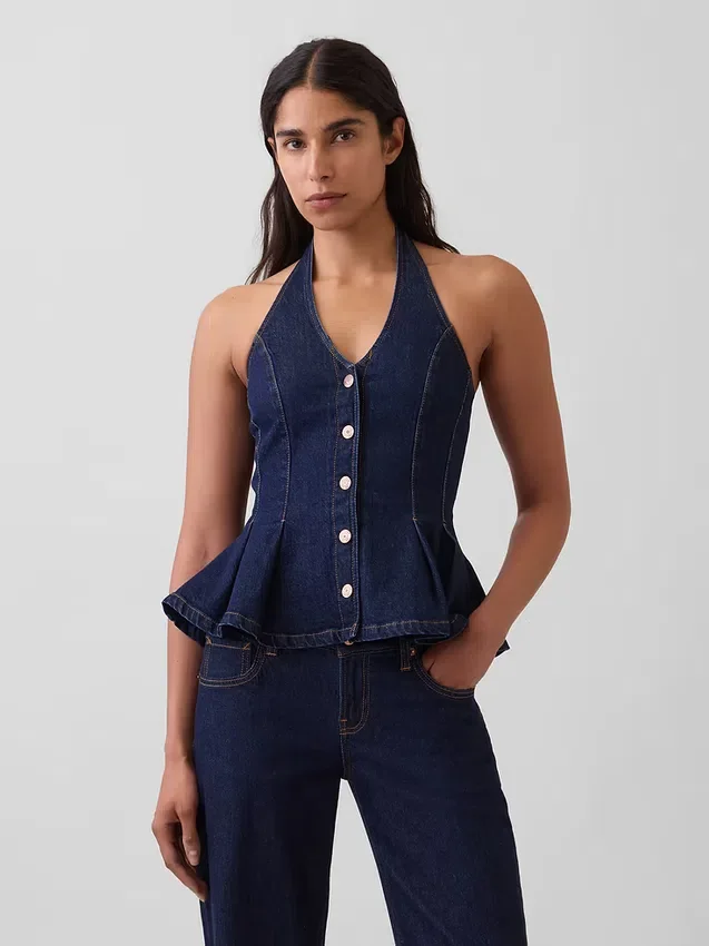 Nauwsluitende denim haltertop met peplum
