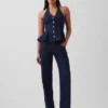Nauwsluitende denim haltertop met peplum