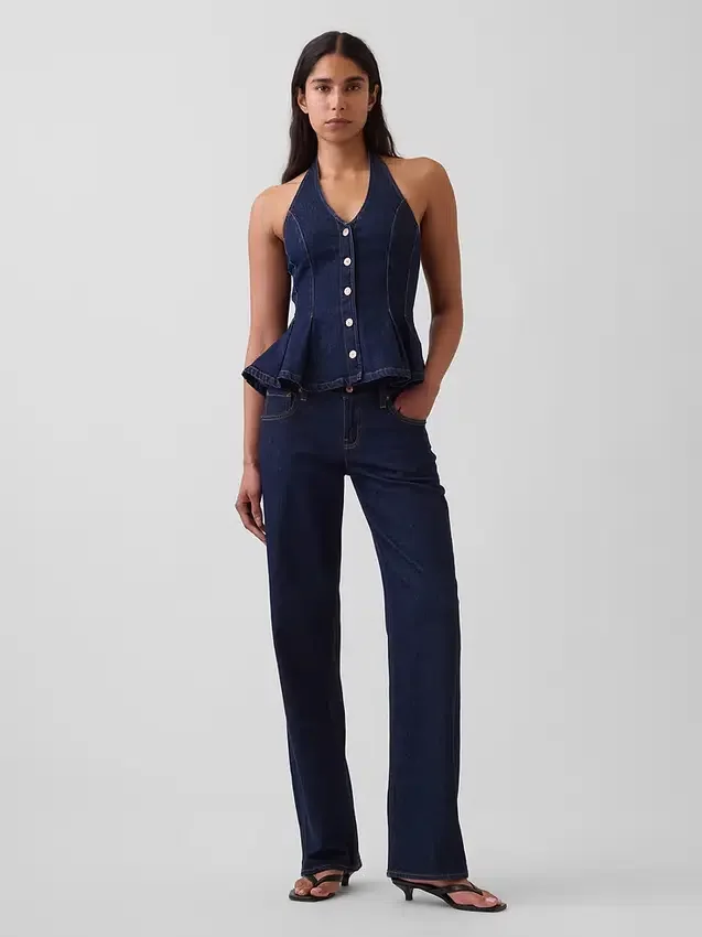 Nauwsluitende denim haltertop met peplum