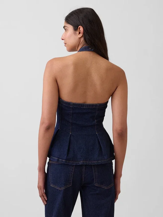 Nauwsluitende denim haltertop met peplum