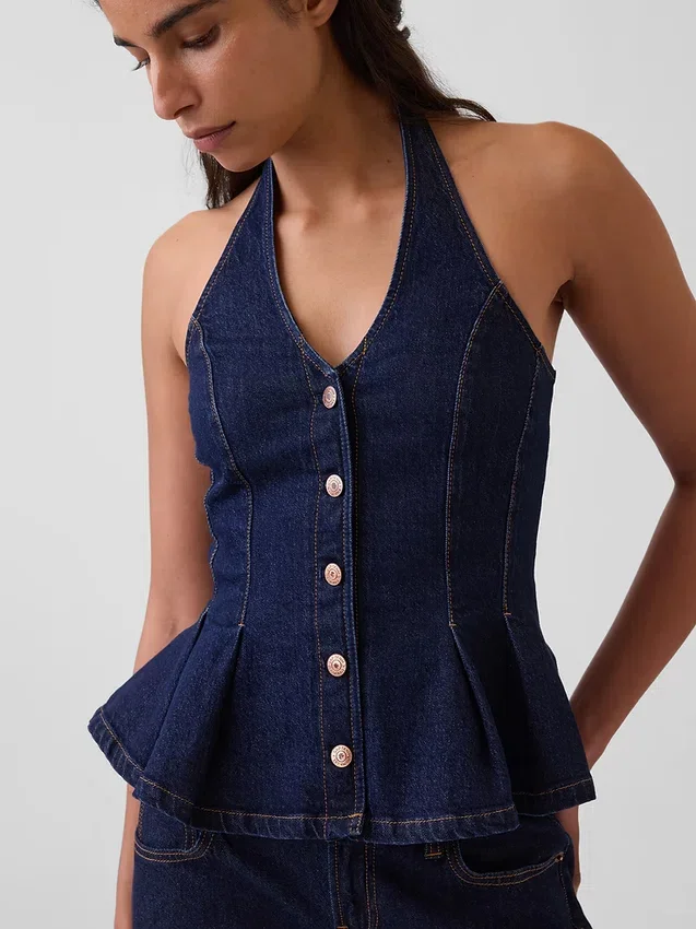 Nauwsluitende denim haltertop met peplum
