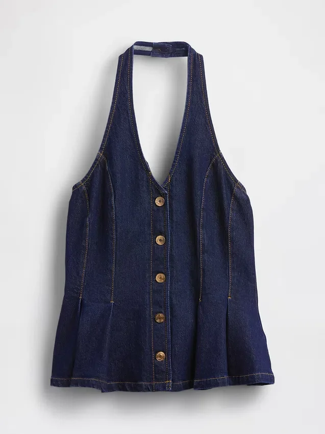 Nauwsluitende denim haltertop met peplum