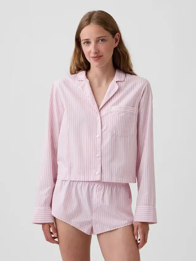 Oversized cropped pyjamashirt van popeline
