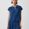 Oversized denimtop van katoenen gaas met gespleten hals