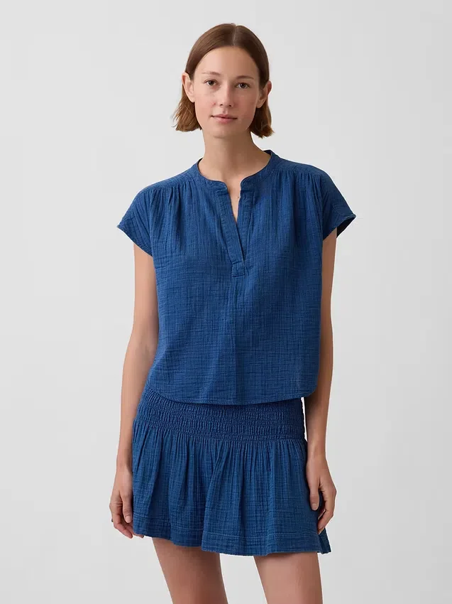 Oversized denimtop van katoenen gaas met gespleten hals
