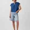 Oversized denimtop van katoenen gaas met gespleten hals