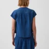 Oversized denimtop van katoenen gaas met gespleten hals