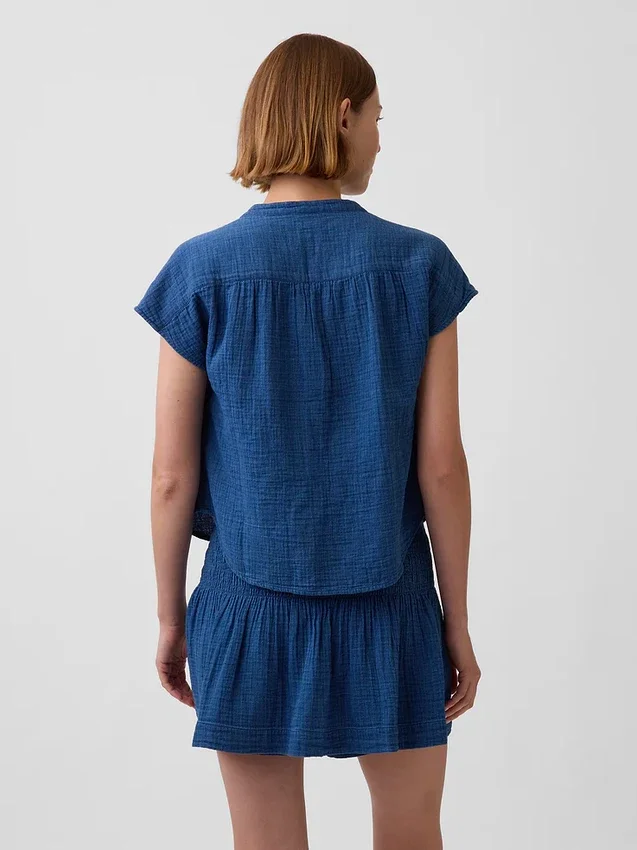 Oversized denimtop van katoenen gaas met gespleten hals